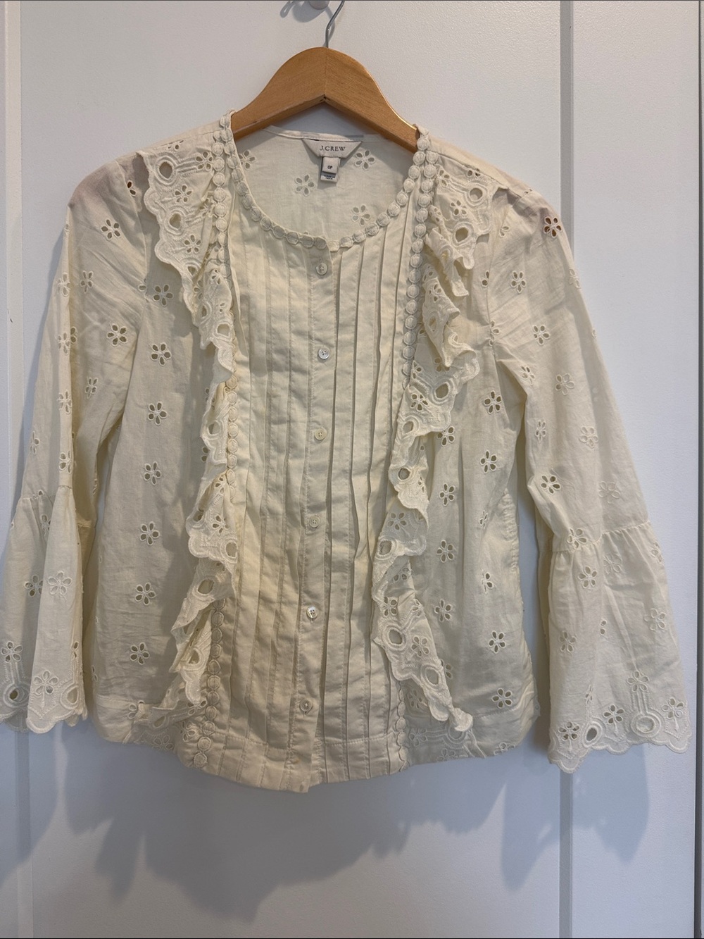 J. Crew Cream Eyelet Ruffle Button-Front Blouse